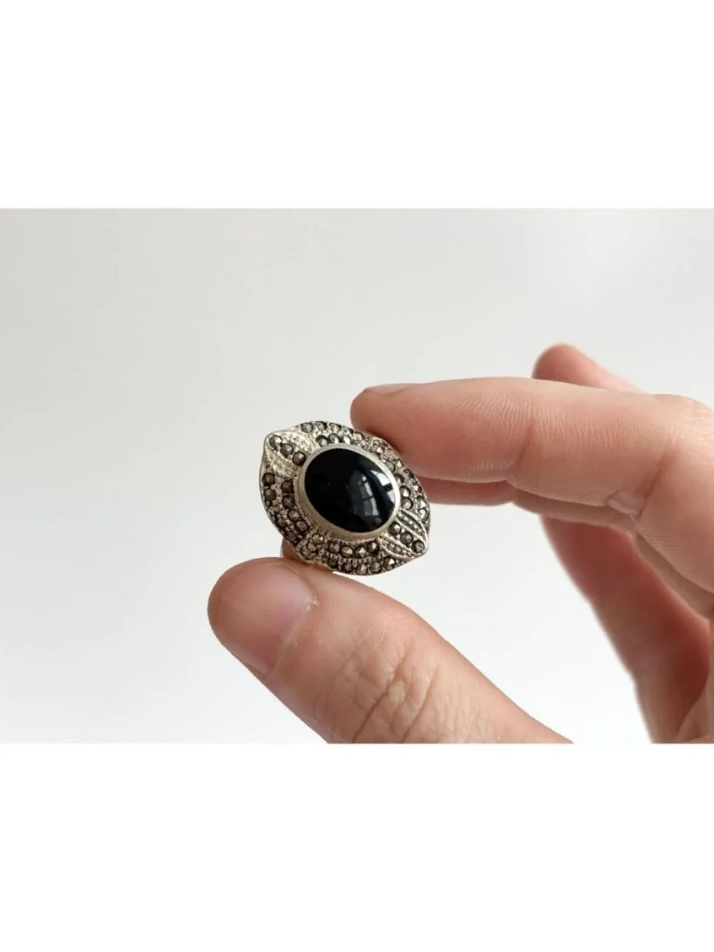 Black Onyx Marcasite Framed Art Deco Sterling Silver 925 Vintage Ring - sz 7.75